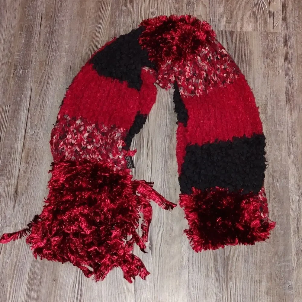 Cejon red black scarf soft fuzzy multi texture scarf